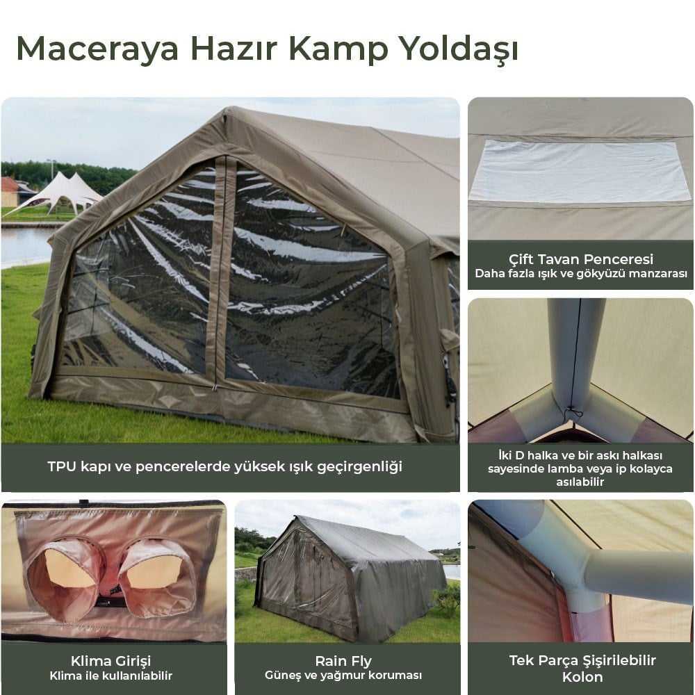 HABL 17 Kişilik 17.2 m² - Tenteli Gölgelikli, 4 Mevsim, Su Geçirmez 420D Oxford Kumaşlı Şişme Çadır 360x480x220 cm