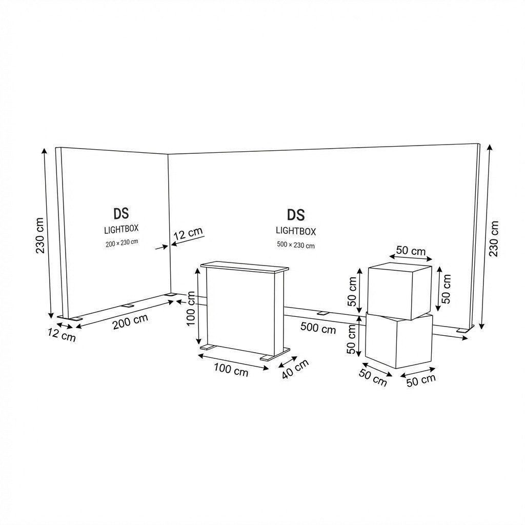 10 m² Modüler Lightbox Fuar Standı -2 Cephe Kapalı (500x200 cm)