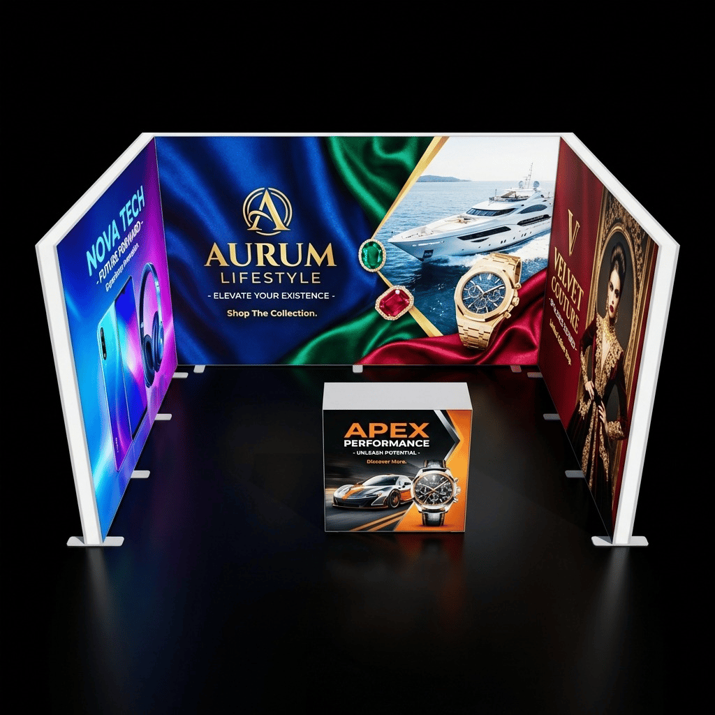 12 m² Modüler Lightbox Fuar Standı 3 Cephe Kapalı 400×300 cm - Ön Cephe Görünümü