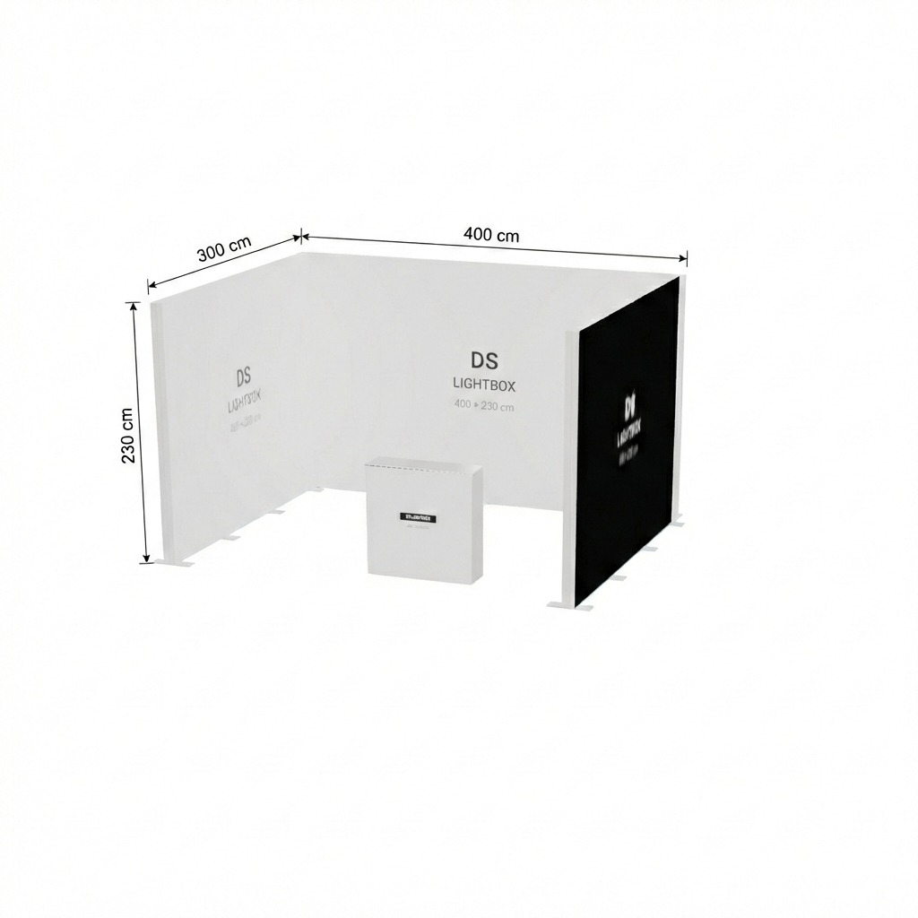 12 m² Modüler Lightbox Fuar Standı 3 Cephe Kapalı 400×300 cm - Kurulum Sonrası Görünüm | portatif stand çözümü