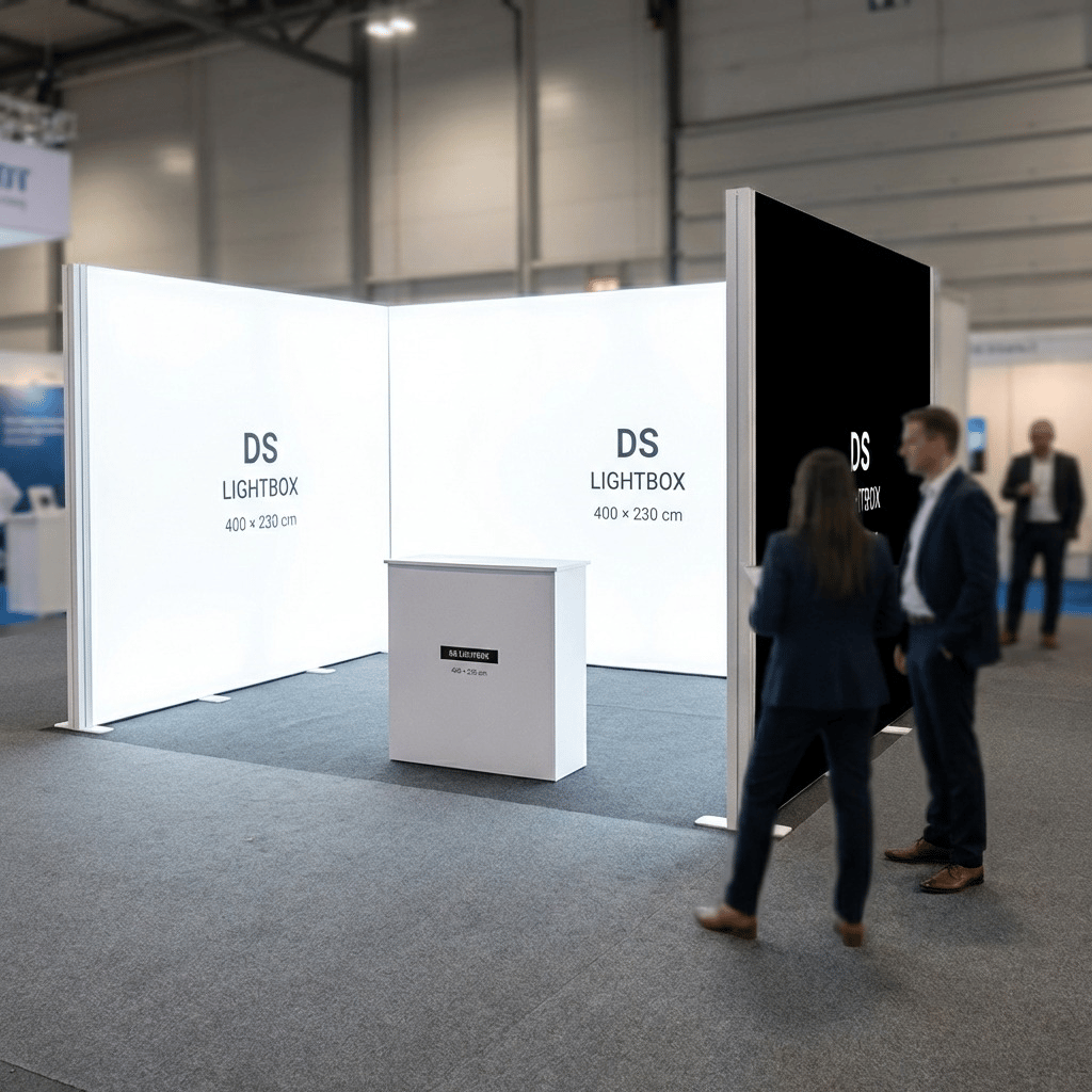 12 m² Modüler Lightbox Fuar Standı 3 Cephe Kapalı 400×300 cm - Perspektif Görünüm