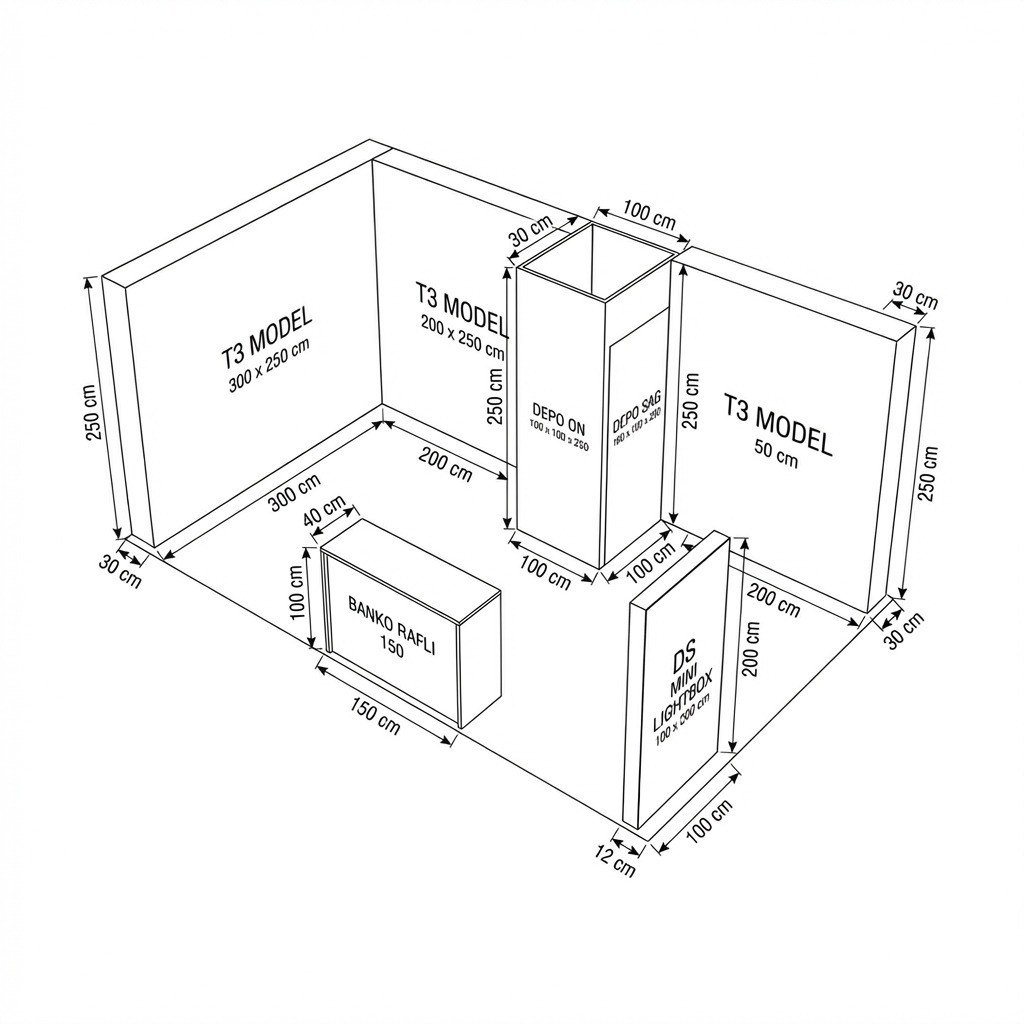 15 m² 2 Cephe Kapalı T3 Modüler fuar Standı  – Set 39