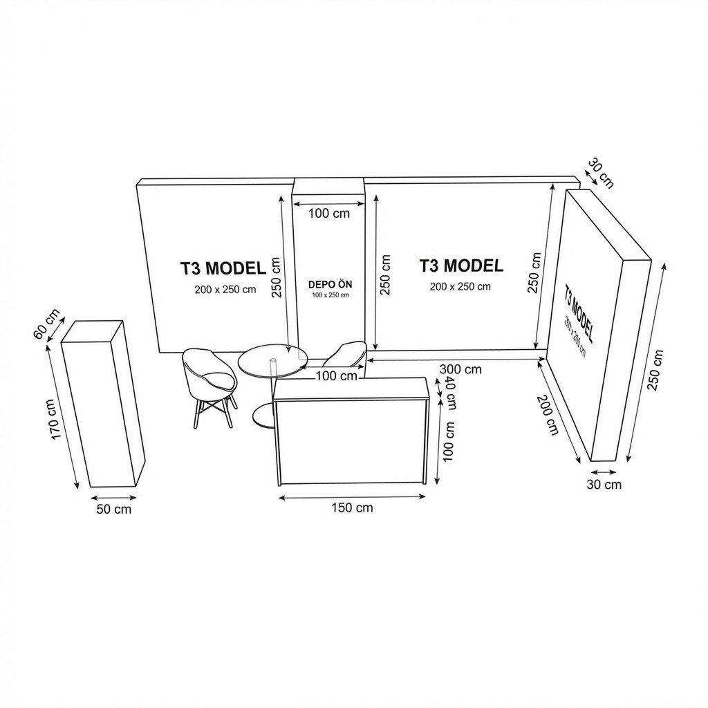 15 m² 2 Cephe Kapalı T3 Modüler fuar Standı  – Set 40