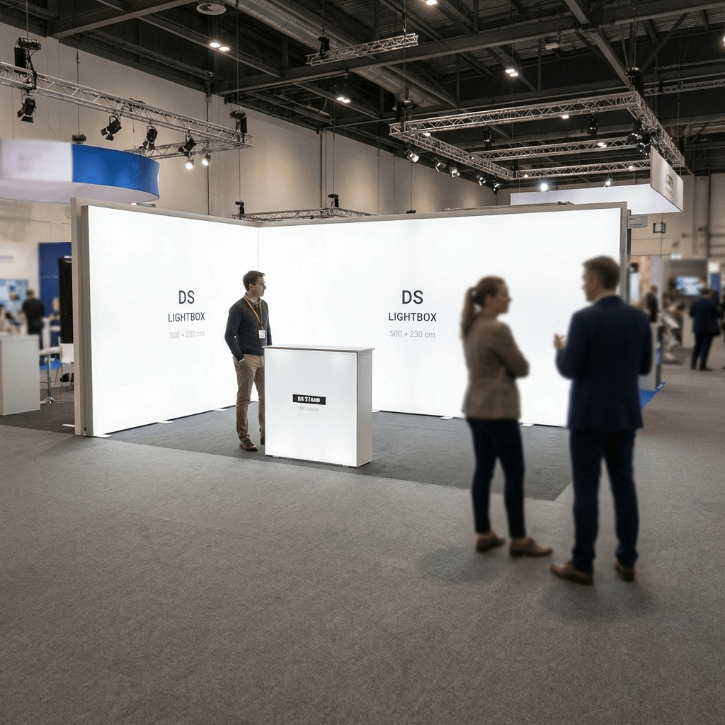 15 m² Modüler Lightbox Fuar Standı 2 Cephe Kapalı 500×300 cm - Kurulum Sonrası Görünüm | portatif stand çözümü