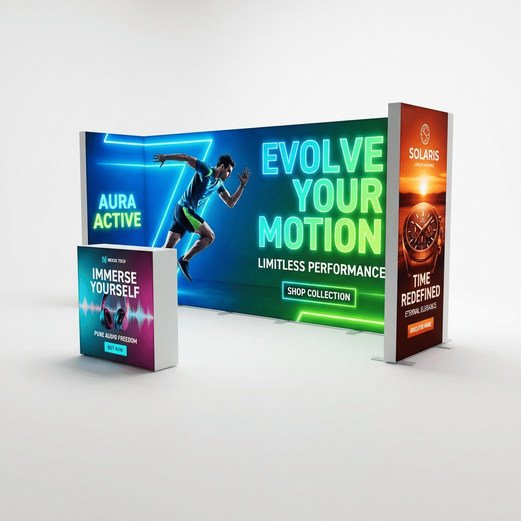 15 m² Modüler Lightbox Fuar Standı 3 Cephe Yarım Kapalı 500×300 cm - Ön Cephe Görünümü