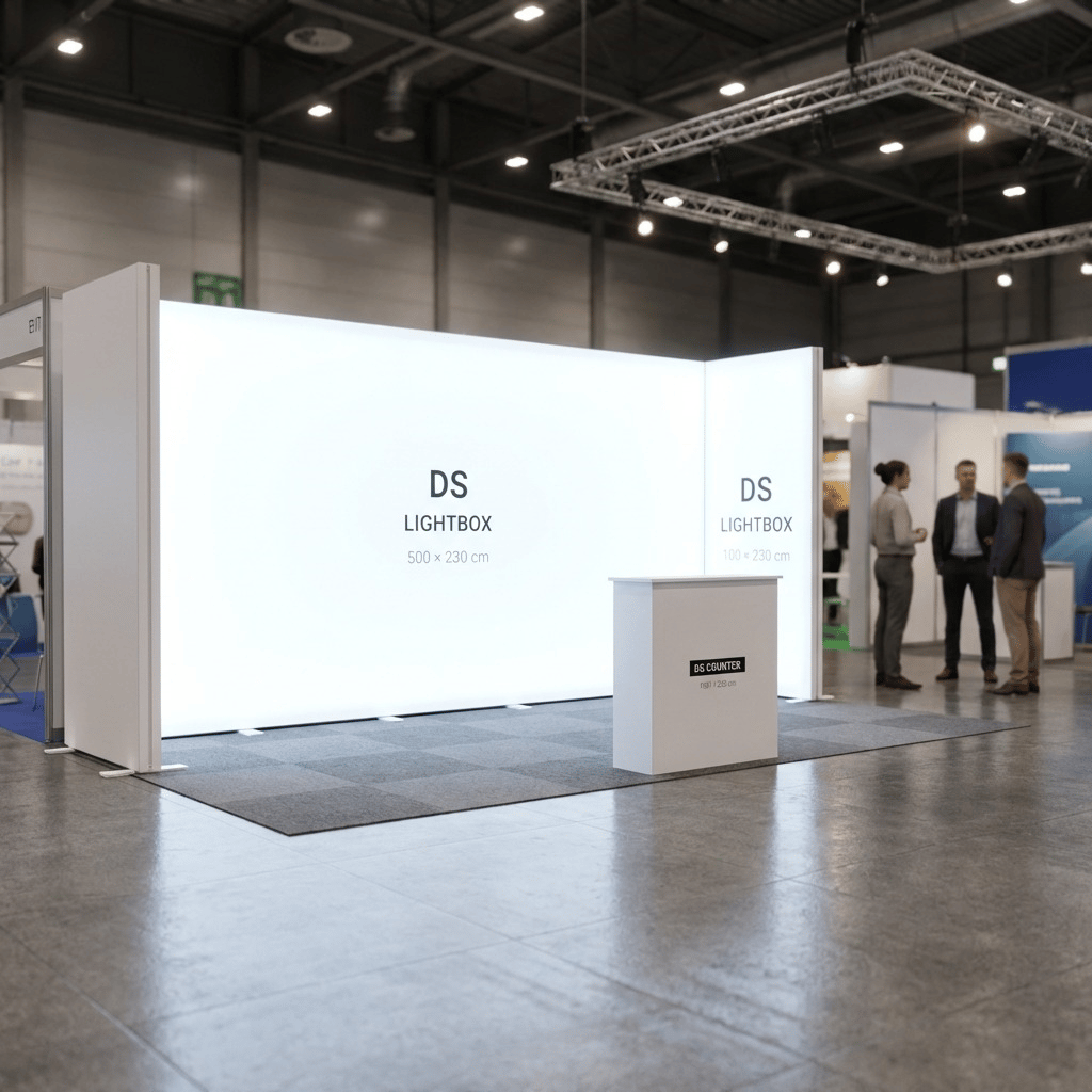 15 m² Modüler Lightbox Fuar Standı 3 Cephe Yarım Kapalı 500×300 cm - Perspektif Görünüm