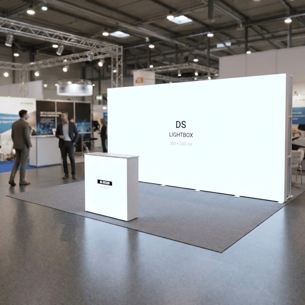15 m² Modüler Lightbox Fuar Standı 500×300 cm - Kurulum Sonrası Görünüm | portatif stand çözümü