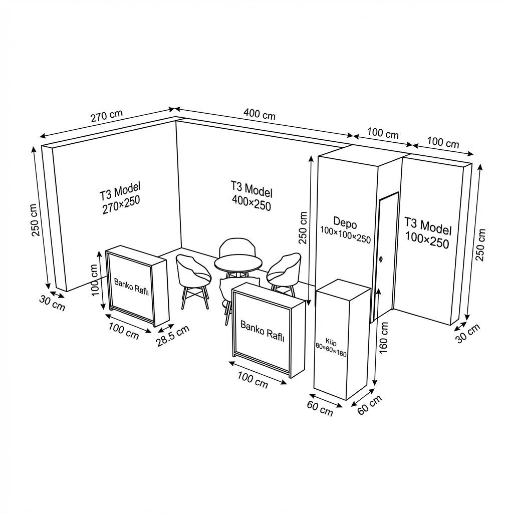 18 m² 2 Cephe Kapalı T3 Modüler fuar Standı  – Set 44