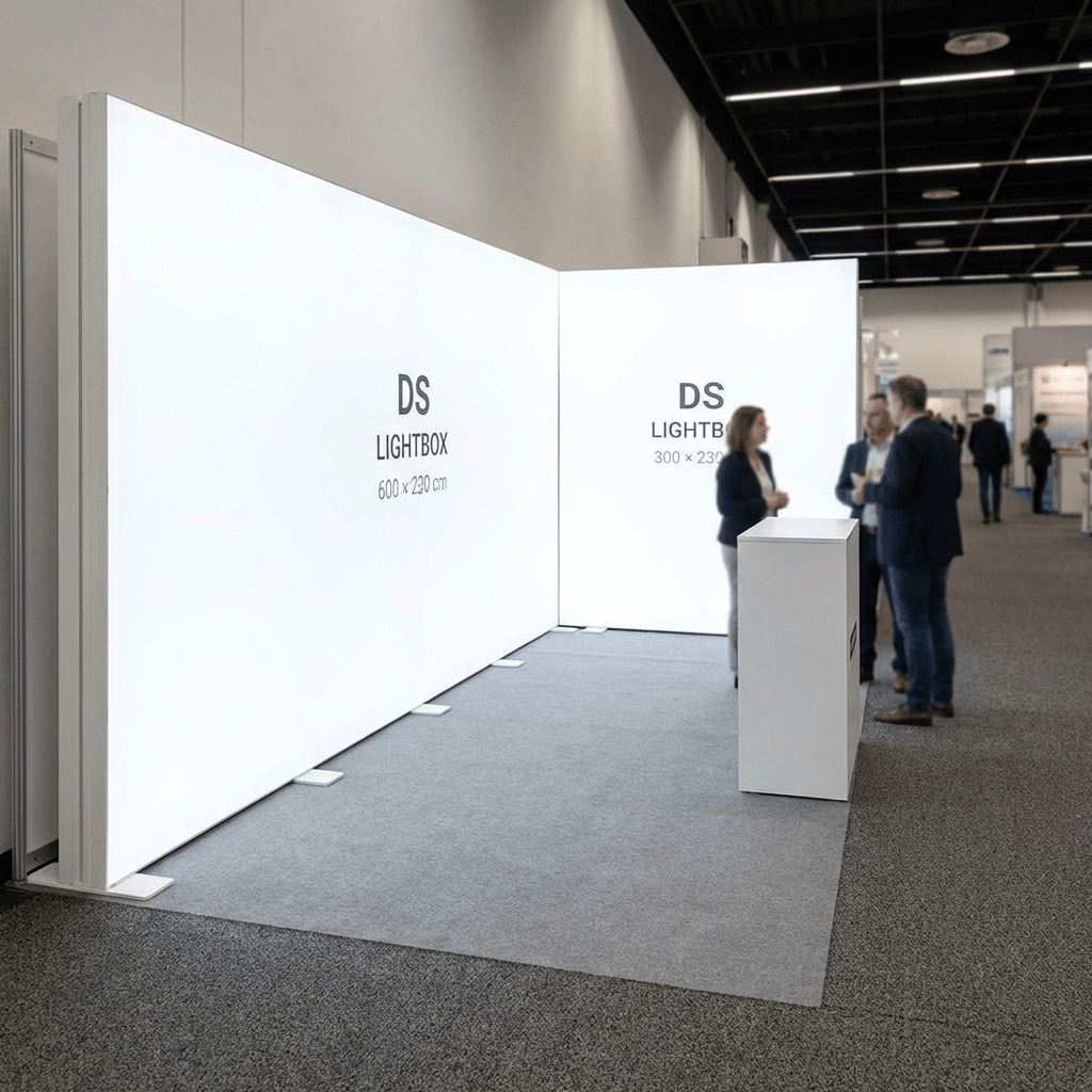 18 m² Modüler Lightbox Fuar Standı 2 Cephe Kapalı 600×300 cm - Perspektif Görünüm