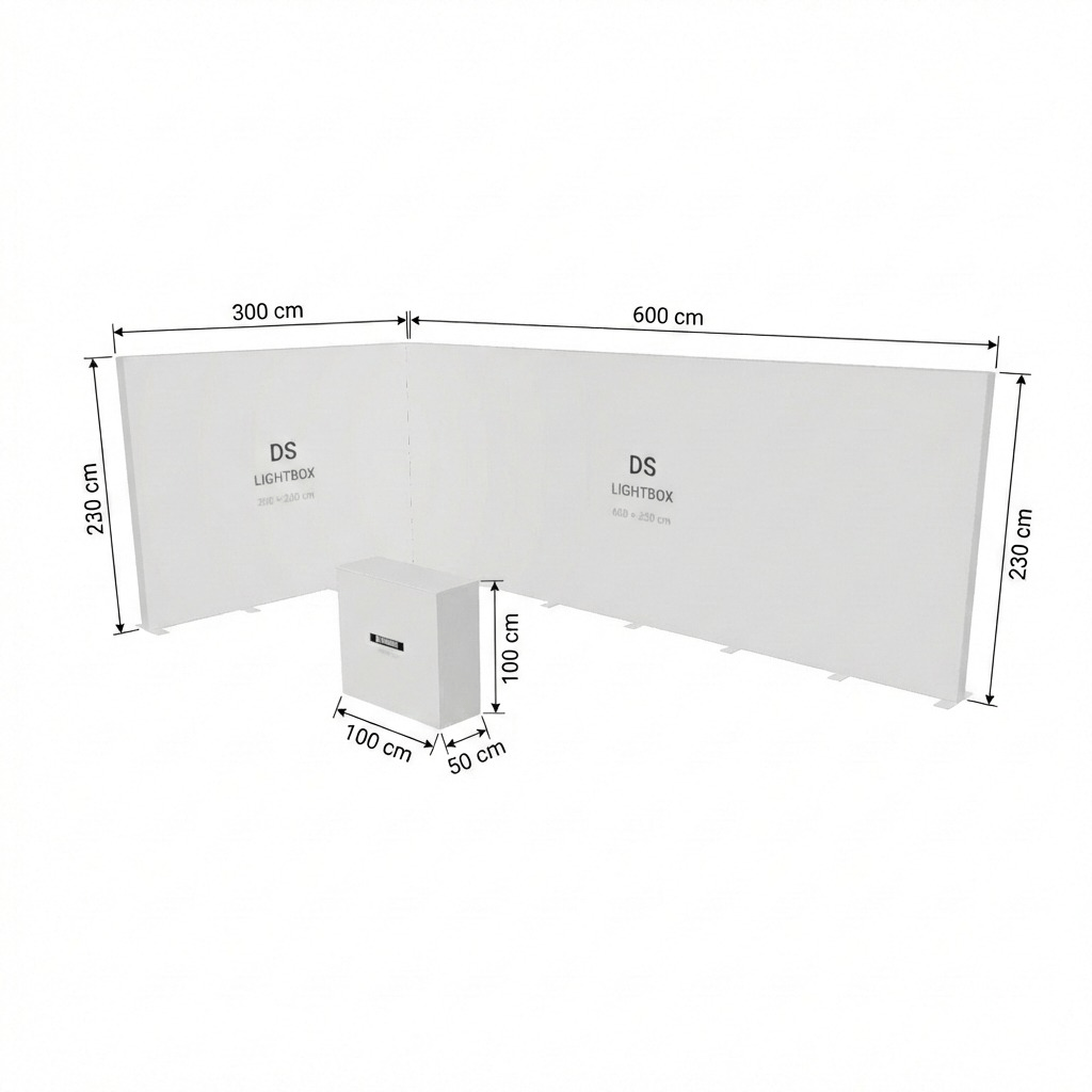 18 m² Modüler Lightbox Fuar Standı 2 Cephe Kapalı 600×300 cm - Kurulum Sonrası Görünüm | portatif stand çözümü