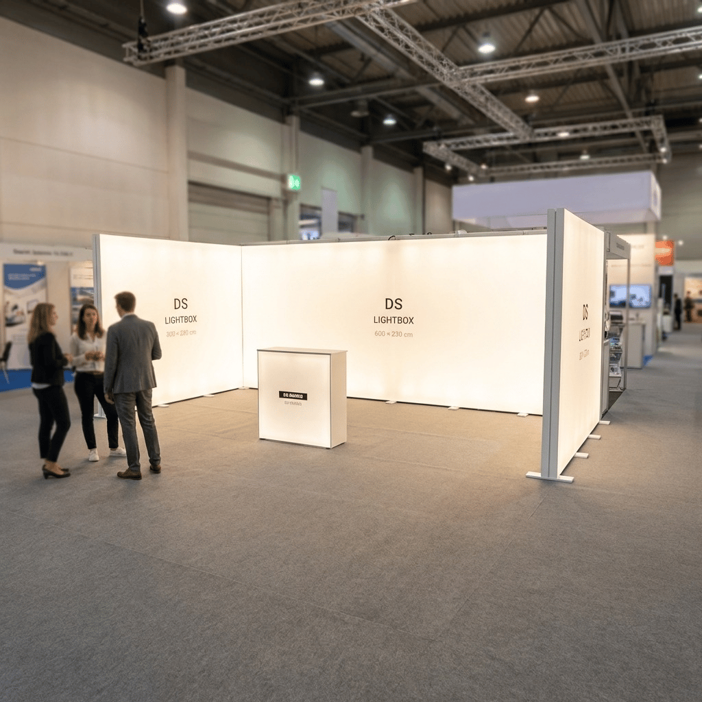 18 m² Modüler Lightbox Fuar Standı 3 Cephe Kapalı 600×300 cm - Yakın Plan Detay