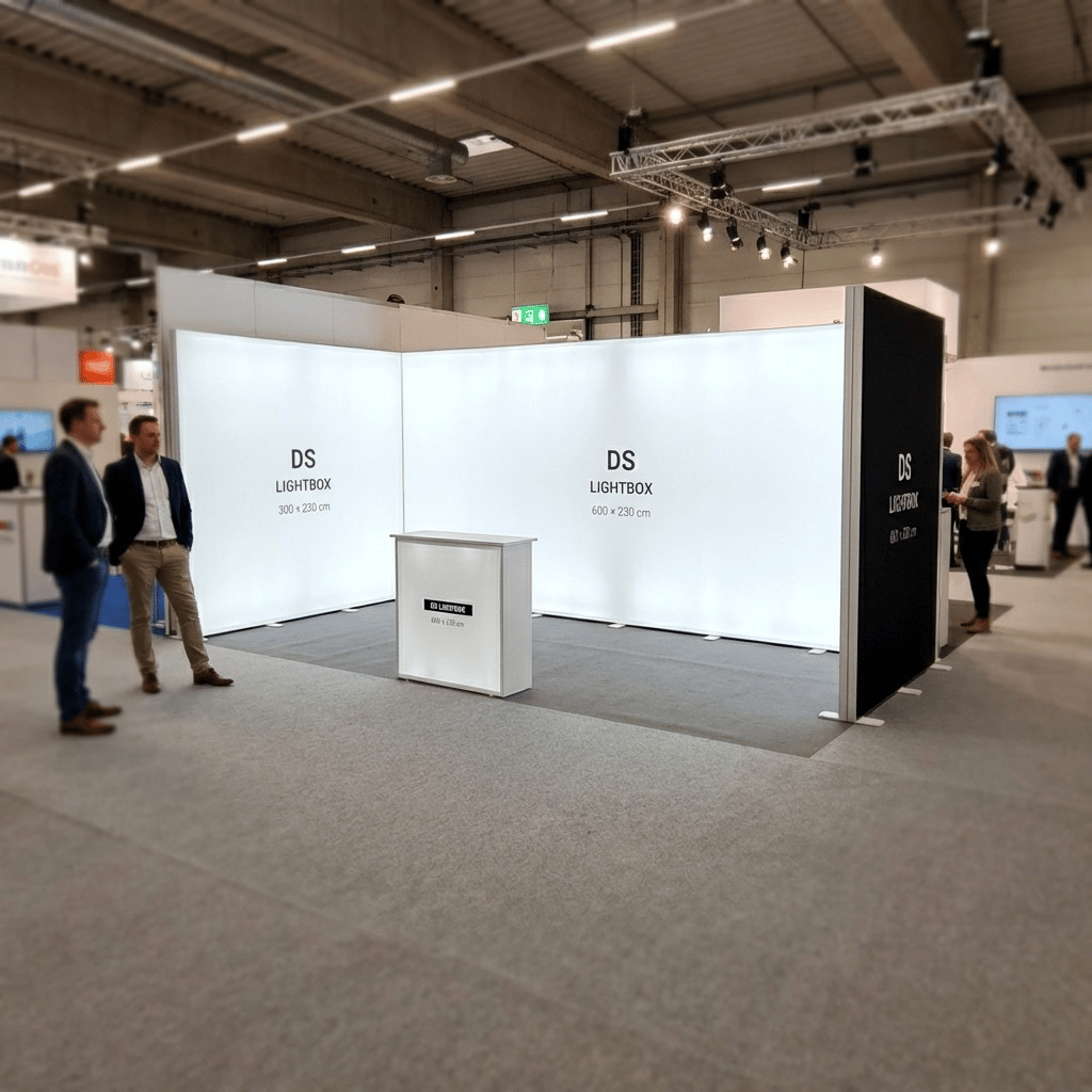 18 m² Modüler Lightbox Fuar Standı 3 Cephe Yarım Kapalı 600×300 cm - Kurulum Sonrası Görünüm | portatif stand çözümü