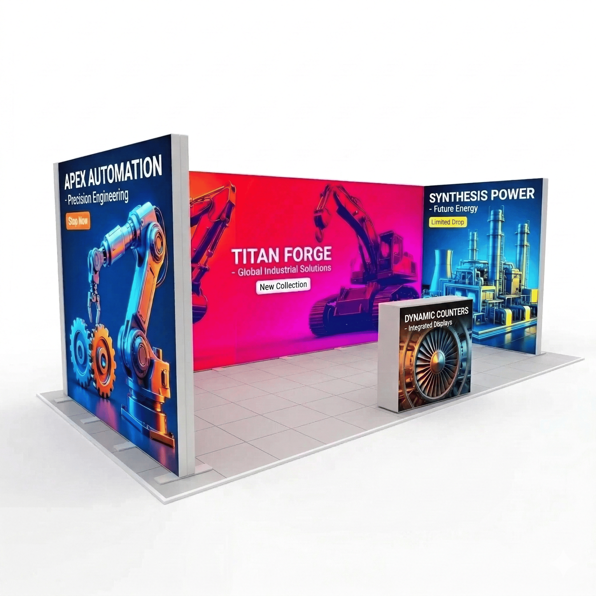18 m² Modüler Lightbox Fuar Standı - 3 Cephe Yarım Kapalı (600x300 cm)