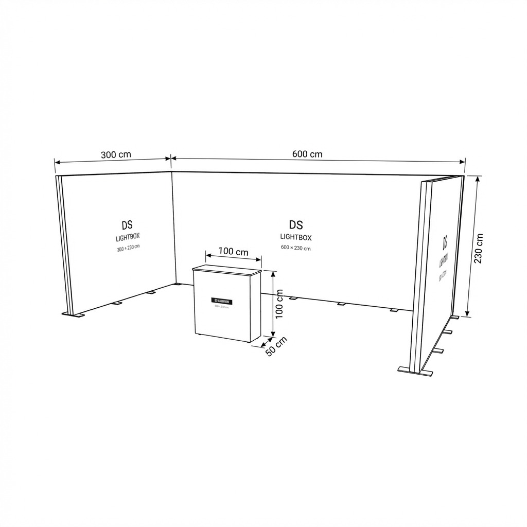 18 m² Modüler Lightbox Fuar Standı 3 Cephe Kapalı 600×300 cm - Perspektif Görünüm
