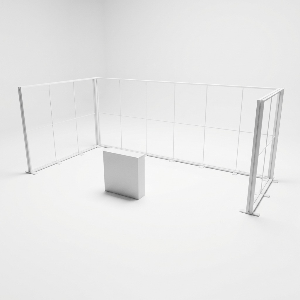 18 m² Modüler Lightbox Fuar Standı 3 Cephe Yarım Kapalı 600×300 cm - Perspektif Görünüm