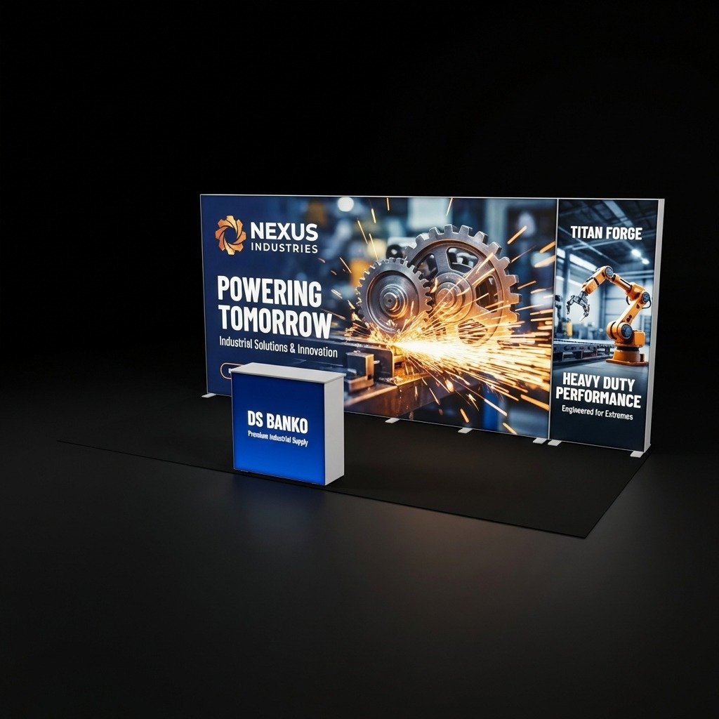 18 m² Modüler Lightbox Fuar Standı 600×300 cm - Ön Cephe Görünümü