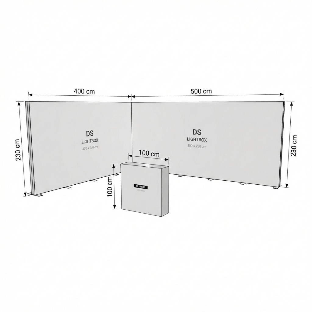 20 m² Modüler Lightbox Fuar Standı 2 Cephe Kapalı 500×400 cm - Kurulum Sonrası Görünüm | portatif stand çözümü