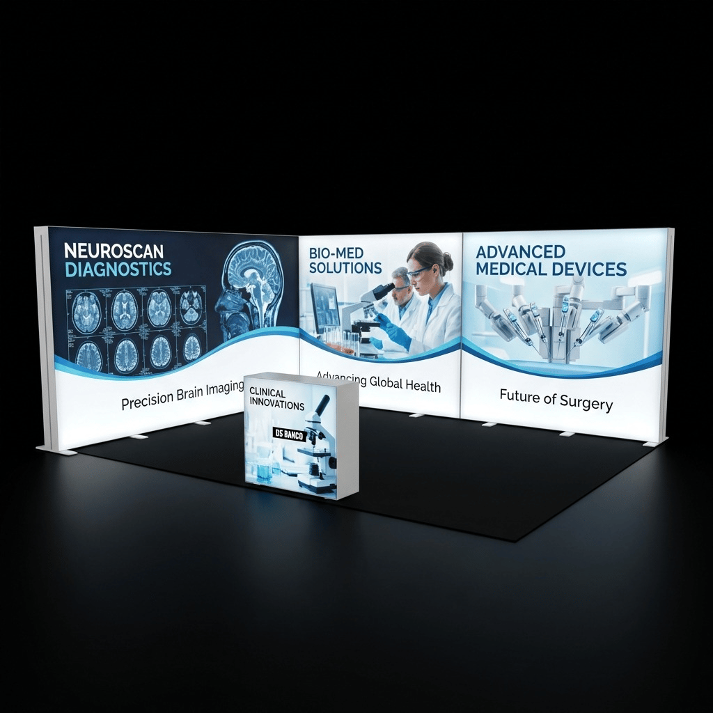 20 m² Modüler Lightbox Fuar Standı 2 Cephe Kapalı 500×400 cm - Ön Cephe Görünümü