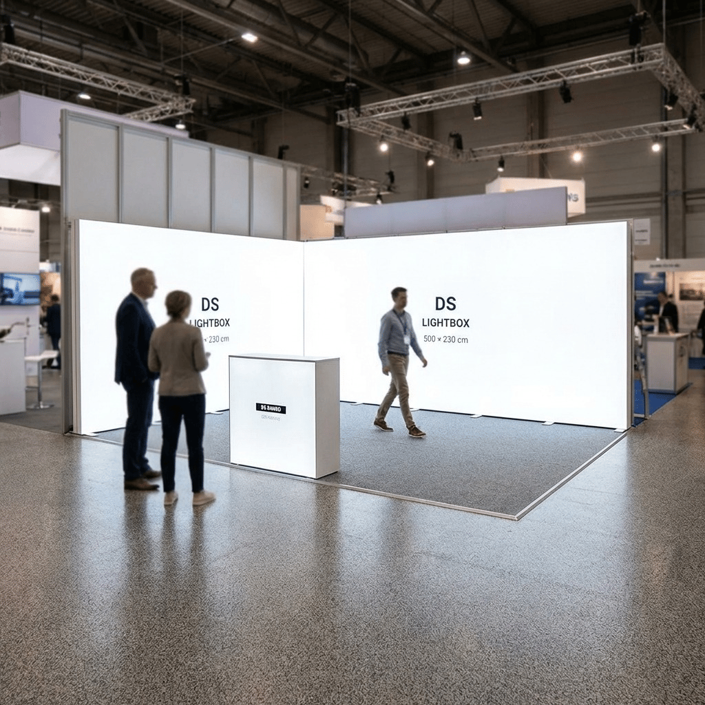 20 m² Modüler Lightbox Fuar Standı 2 Cephe Kapalı 500×400 cm - Perspektif Görünüm