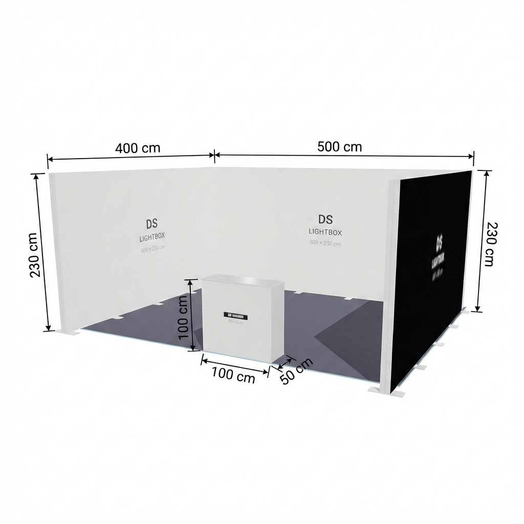 20 m² Modüler Lightbox Fuar Standı 3 Cephe Kapalı 500×400 cm - Yakın Plan Detay