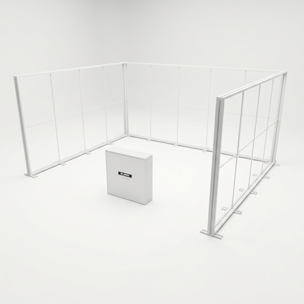 20 m² Modüler Lightbox Fuar Standı 3 Cephe Kapalı 500×400 cm - Kurulum Sonrası Görünüm | portatif stand çözümü