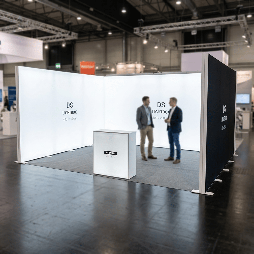20 m² Modüler Lightbox Fuar Standı 3 Cephe Kapalı 500×400 cm - Perspektif Görünüm