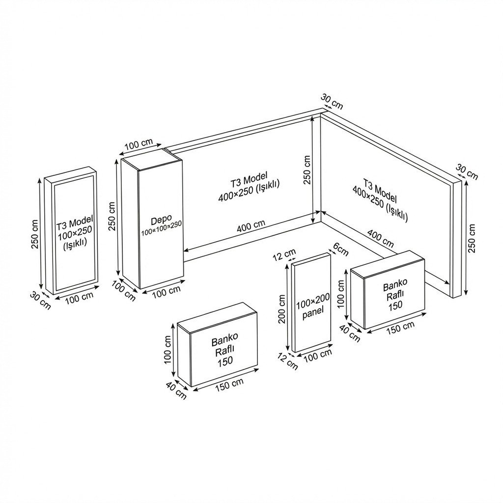 24 m² 2 Cephe Kapalı T3 Modüler fuar Standı  – Set 51