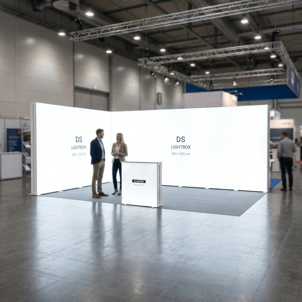 24 m² Modüler Lightbox Fuar Standı 2 Cephe Kapalı 600×400 cm - Ön Cephe Görünümü