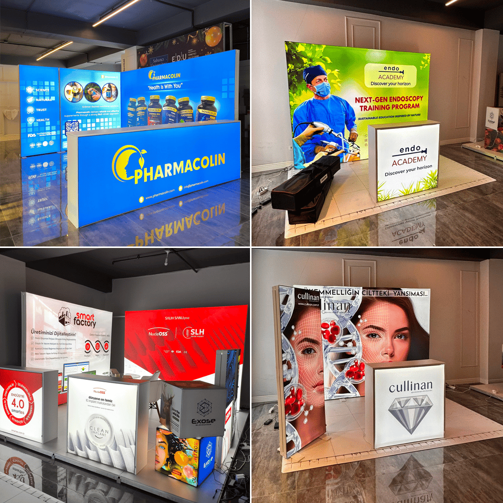 24 m² Modüler Lightbox Fuar Standı 3 Cephe Yarım Kapalı 600×400 cm - Arka Cephe Görünümü