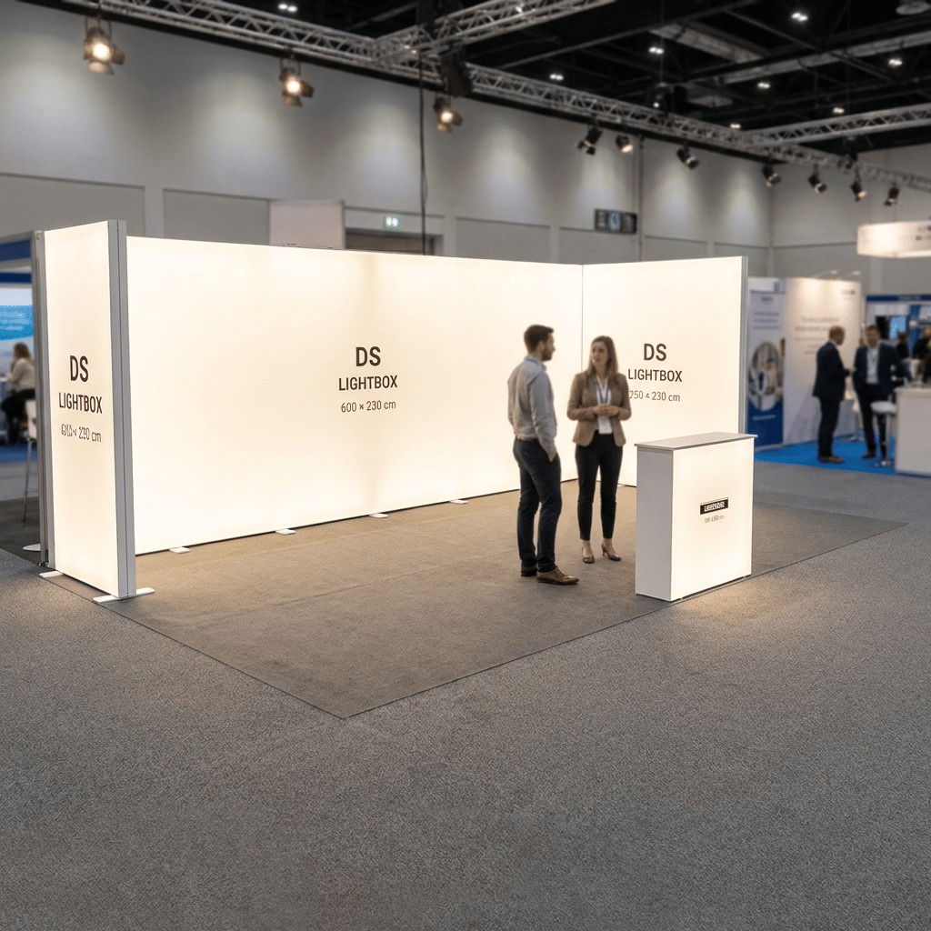 24 m² Modüler Lightbox Fuar Standı 3 Cephe Yarım Kapalı 600×400 cm - LED Aydınlatma Detayı