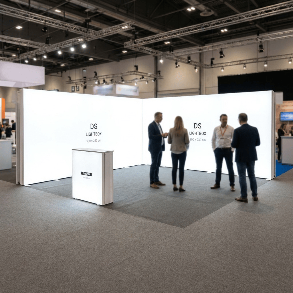 25 m² Modüler Lightbox Fuar Standı 2 Cephe Kapalı 500×500 cm - Perspektif Görünüm