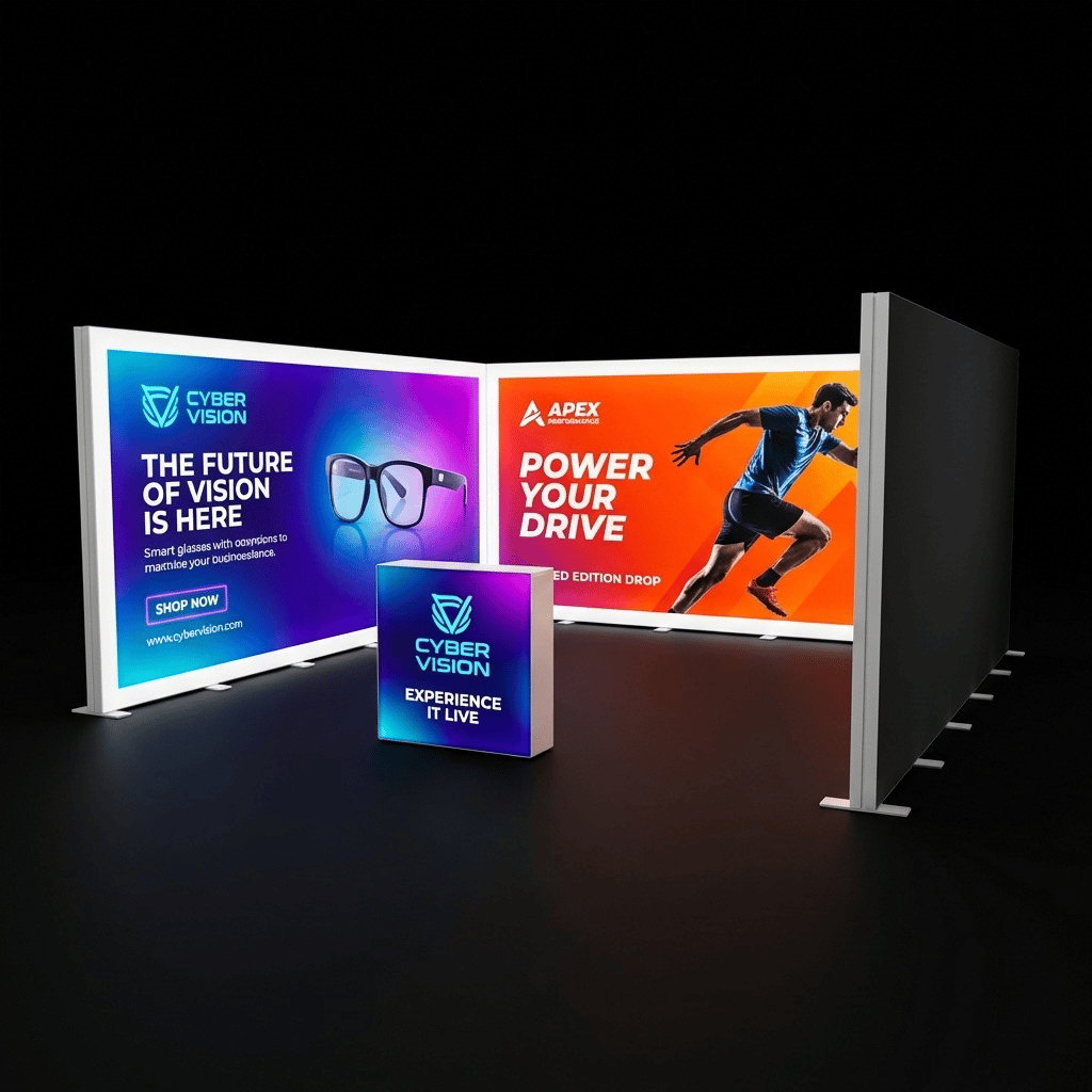 25 m² Modüler Lightbox Fuar Standı 3 Cephe Kapalı 500×500 cm - Kurulum Sonrası Görünüm | portatif stand çözümü