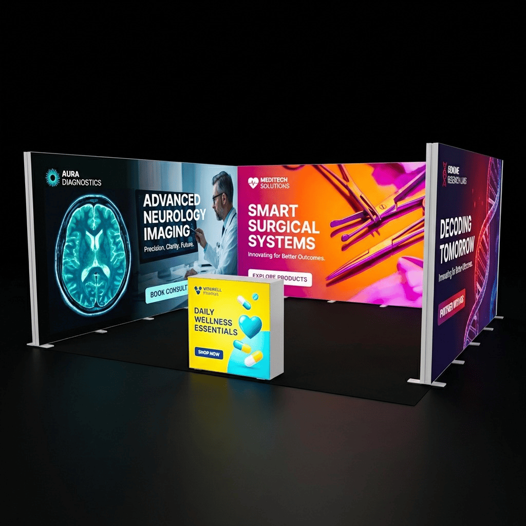 25 m² Modüler Lightbox Fuar Standı 3 Cephe Yarım Kapalı 500×500 cm - Ön Cephe Görünümü