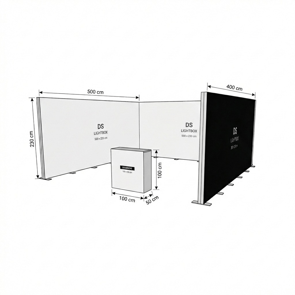25 m² Modüler Lightbox Fuar Standı 3 Cephe Yarım Kapalı 500×500 cm - Kurulum Sonrası Görünüm | portatif stand çözümü