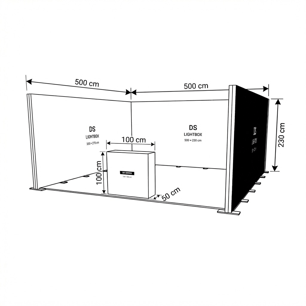 25 m² Modüler Lightbox Fuar Standı 3 Cephe Kapalı 500×500 cm - LED Aydınlatma Detayı