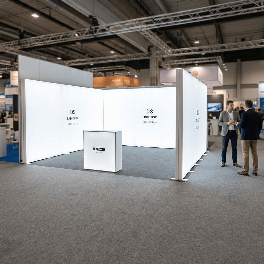 25 m² Modüler Lightbox Fuar Standı 3 Cephe Kapalı 500×500 cm - Yakın Plan Detay