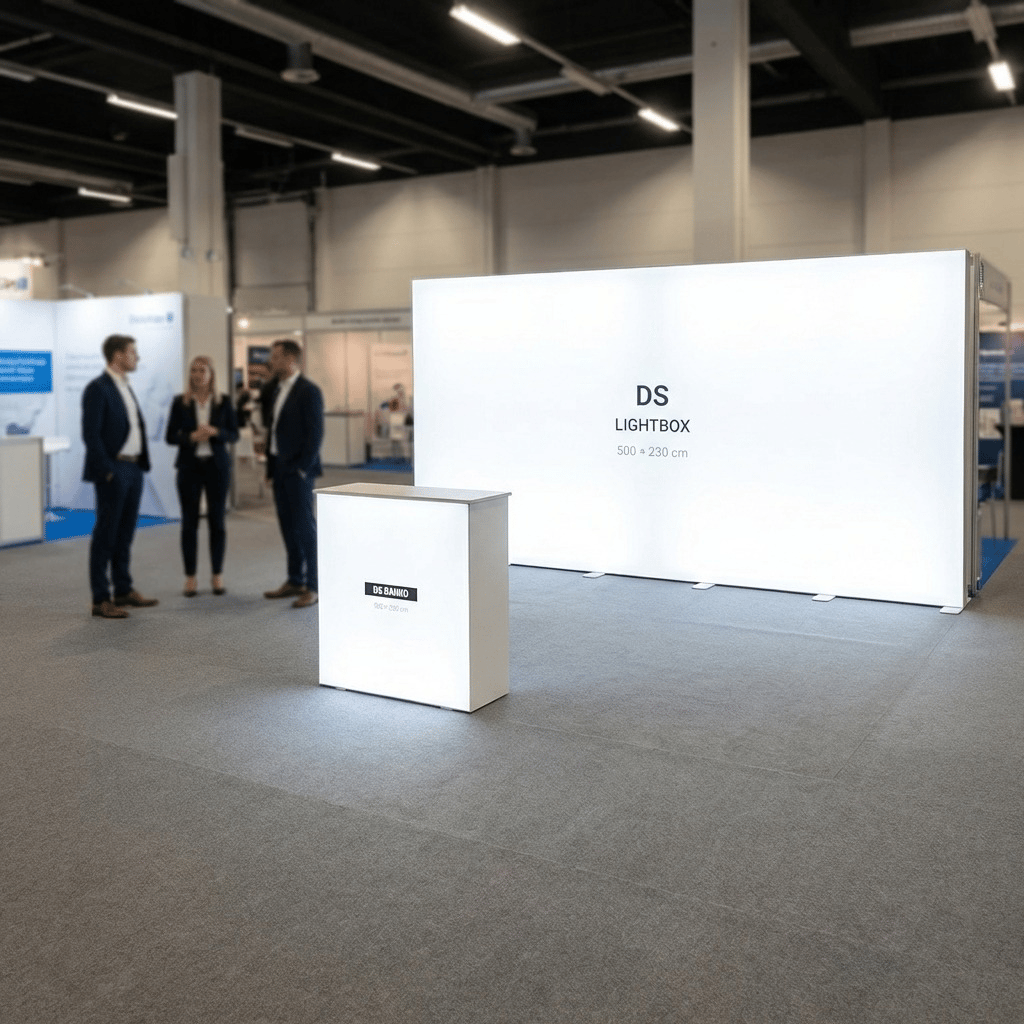 25 m² Modüler Lightbox Fuar Standı 500×500 cm - Genel Görünüm