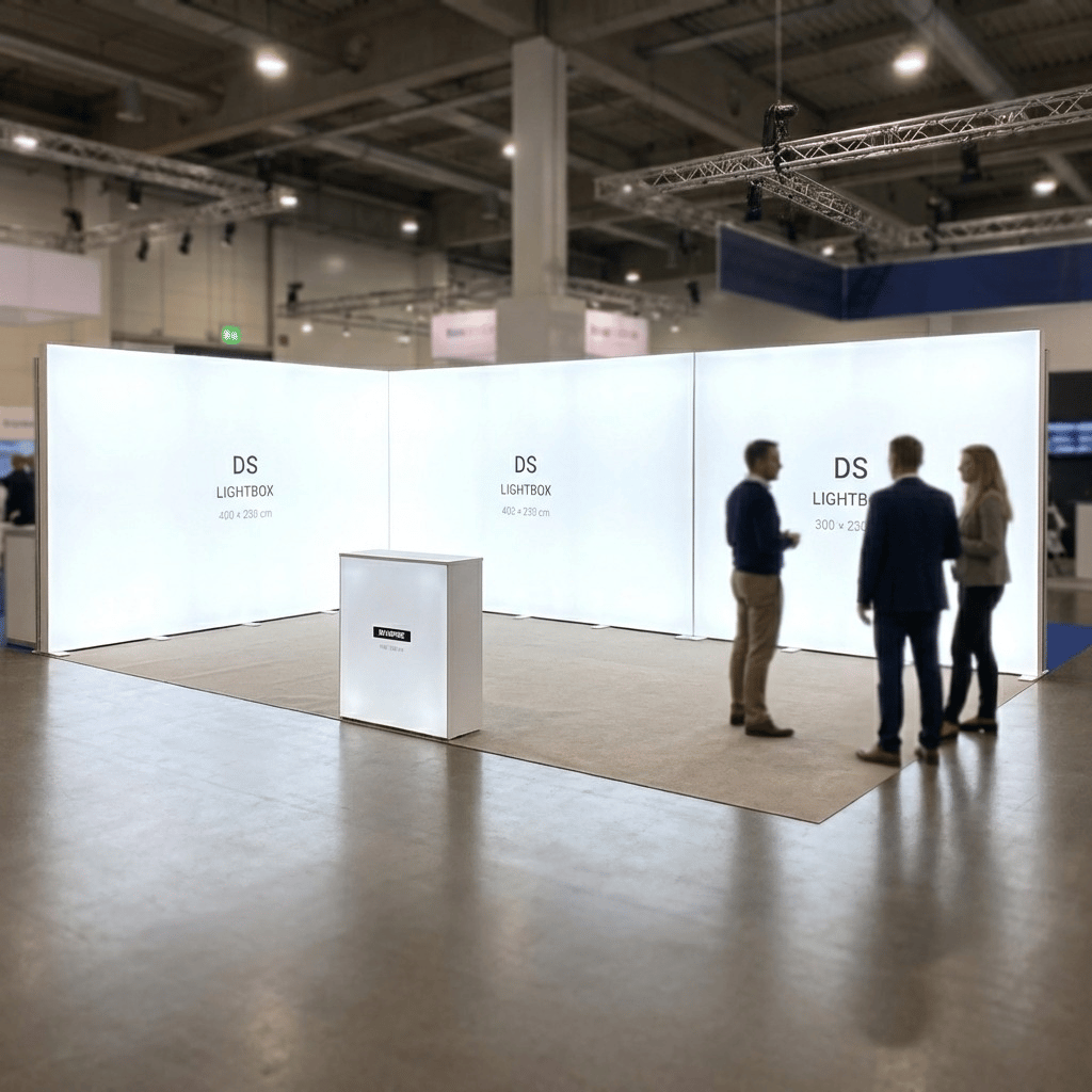 28 m² Modüler Lightbox Fuar Standı 2 Cephe Kapalı 700×400 cm - Kurulum Sonrası Görünüm | portatif stand çözümü