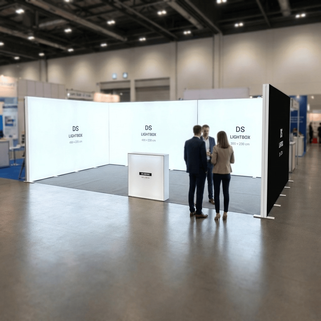28 m² Modüler Lightbox Fuar Standı 3 Cephe Kapalı 700×400 cm - Kurulum Sonrası Görünüm | portatif stand çözümü