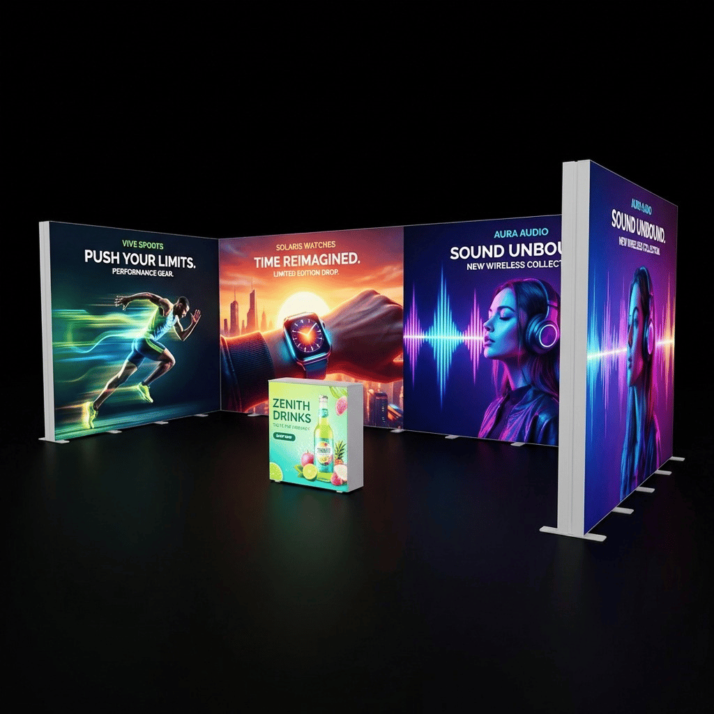 28 m² Modüler Lightbox Fuar Standı 3 Cephe Kapalı 700×400 cm - Perspektif Görünüm