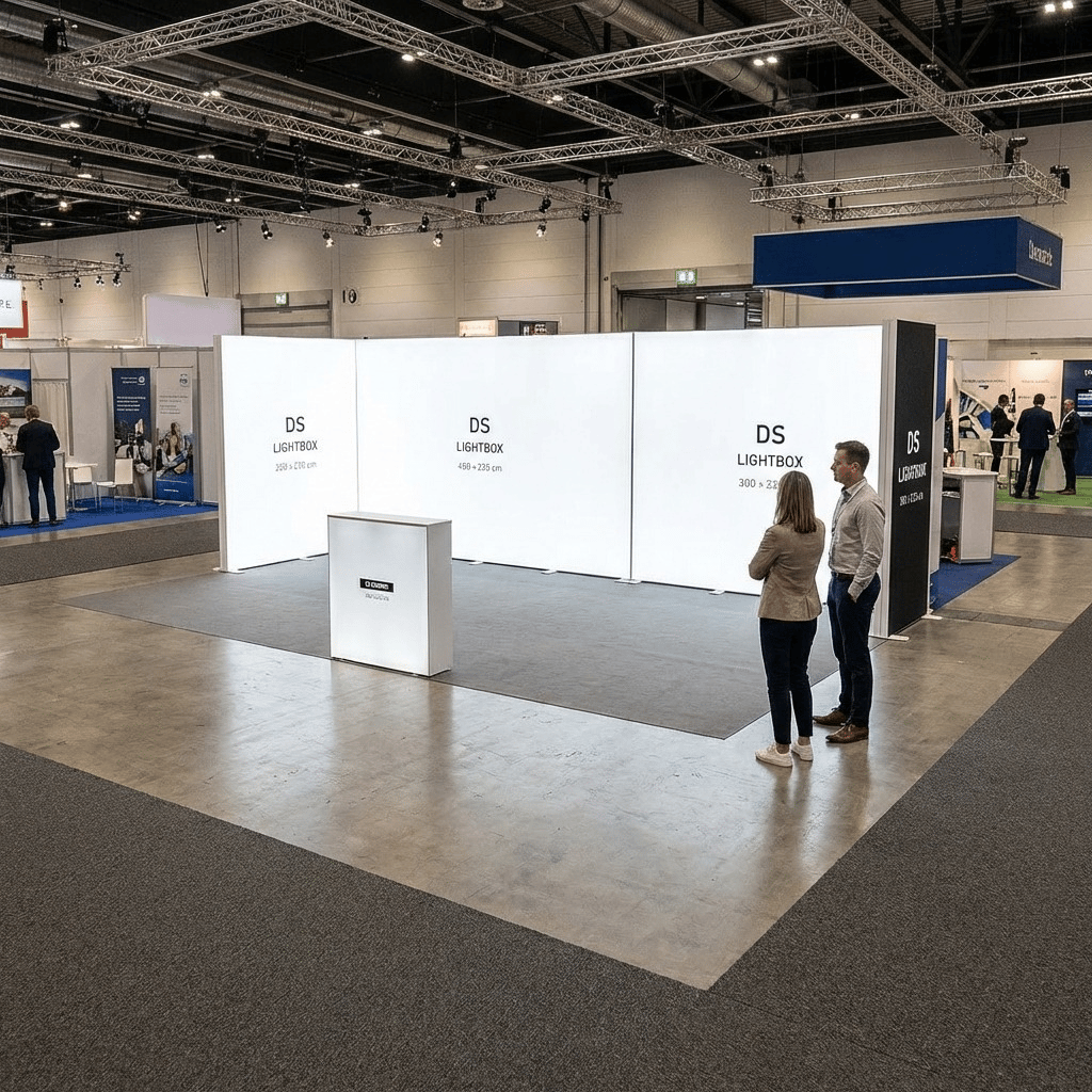 28 m² Modüler Lightbox Fuar Standı 3 Cephe Yarım Kapalı 700×400 cm - LED Aydınlatma Detayı