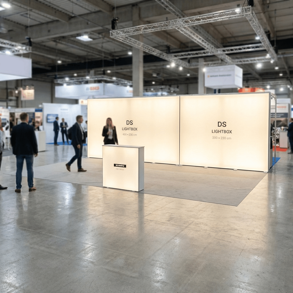 28 m² Modüler Lightbox Fuar Standı 700×400 cm - Perspektif Görünüm
