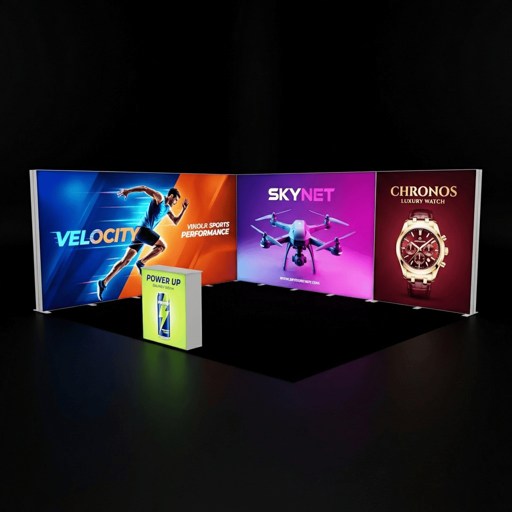 30 m² Modüler Lightbox Fuar Standı 2 Cephe Kapalı 600×500 cm - Perspektif Görünüm