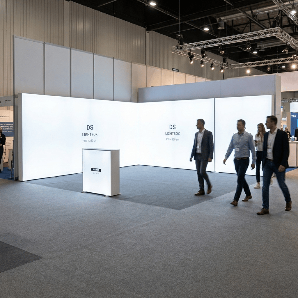 30 m² Modüler Lightbox Fuar Standı 2 Cephe Kapalı 600×500 cm - Kurulum Sonrası Görünüm | portatif stand çözümü