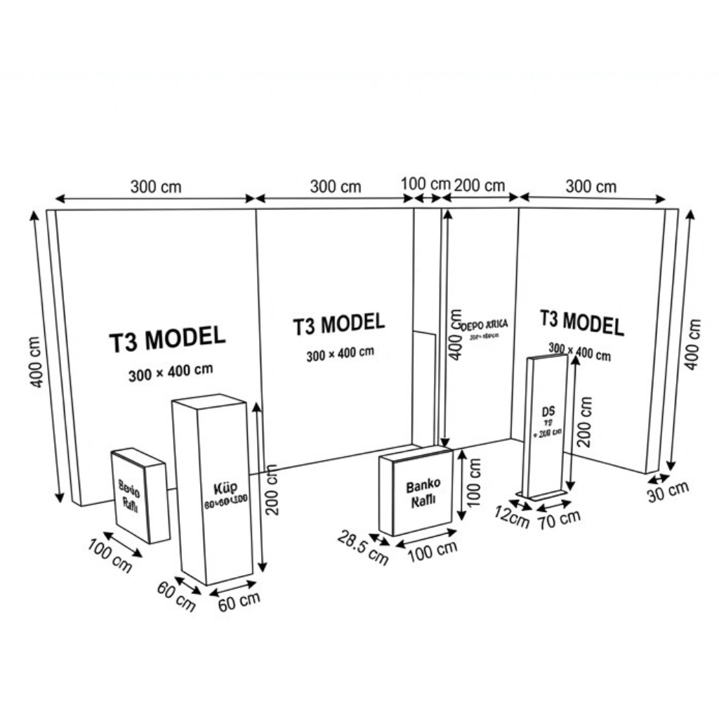 32 m² 2 Cephe Kapalı T3 Modüler fuar Standı  – Set 19