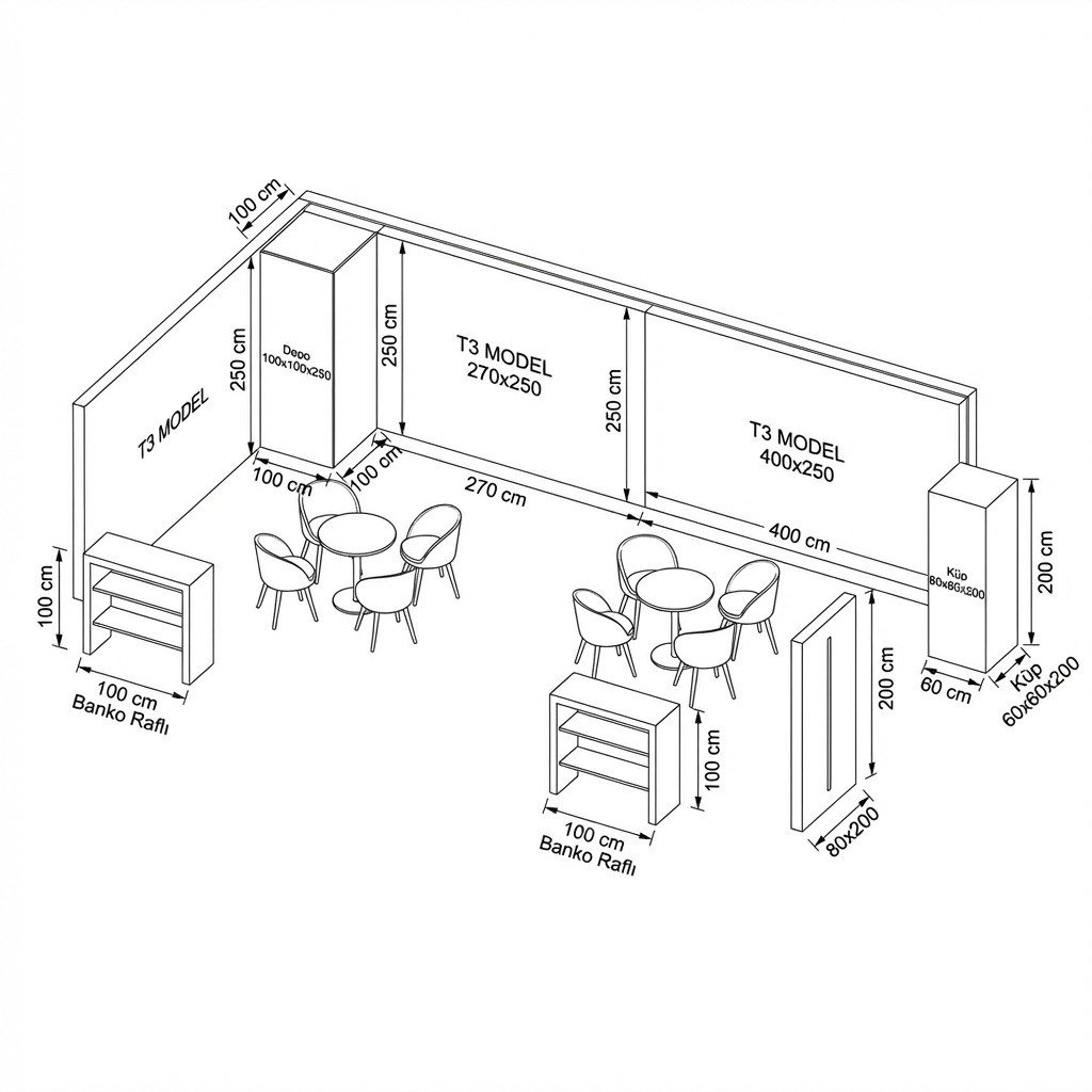 40 m² 2 Cephe Kapalı T3 Modüler fuar Standı  – Set 28
