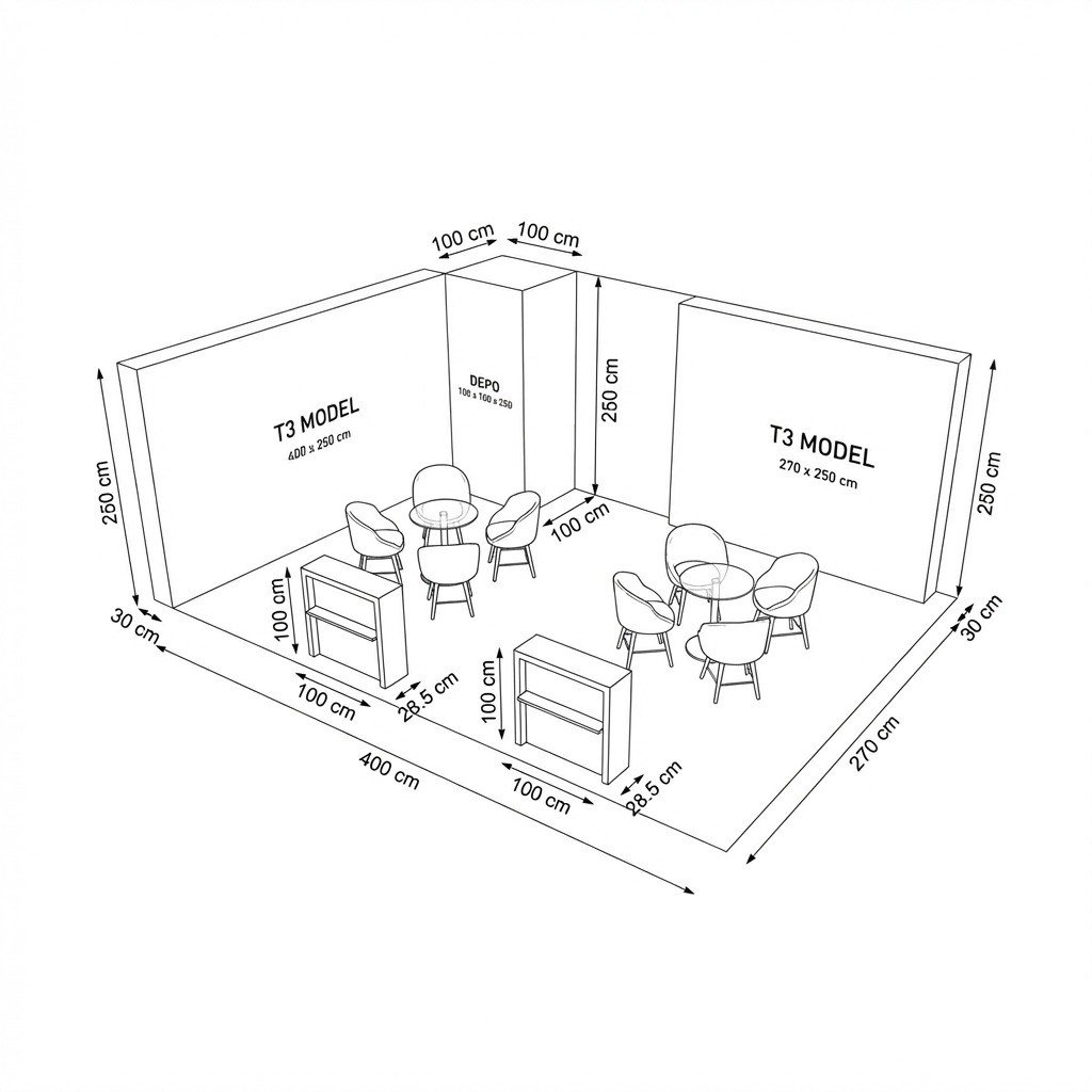 40 m² 2 Cephe Kapalı T3 Modüler fuar Standı  – Set 27