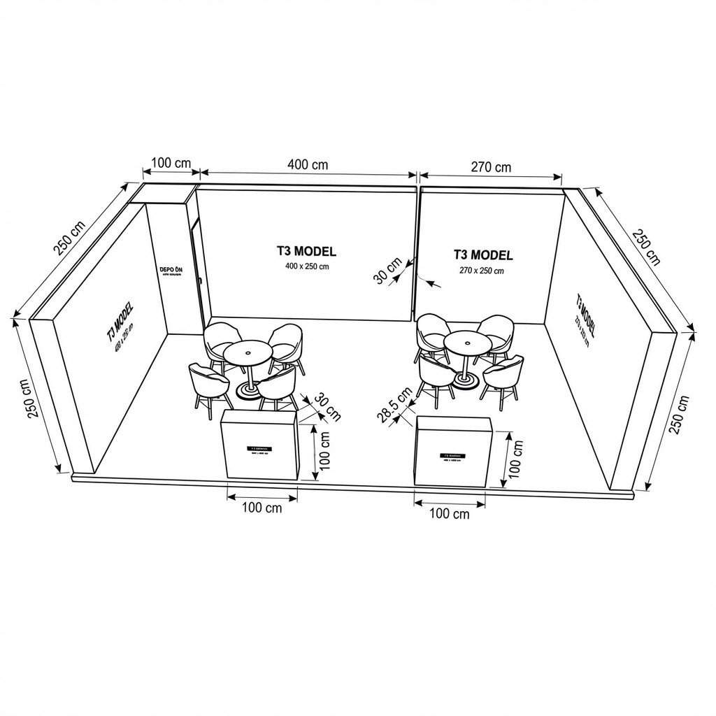 40 m² 3 Cephe Kapalı T3 Modüler fuar Standı  – Set 26