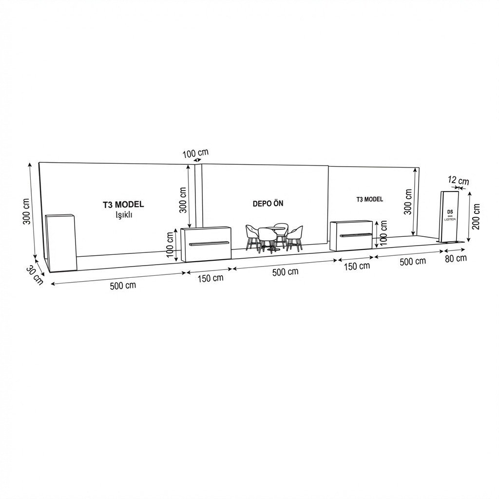 45 m² 3 Cephe Kapalı T3 Modüler Stand – Set 14