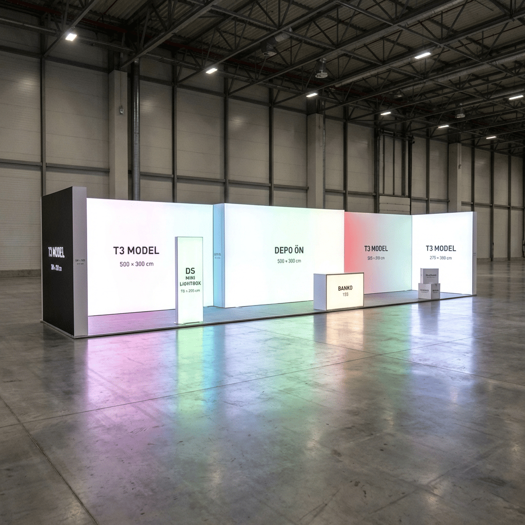 45 m² 3 Cephe Kapalı T3 Modüler Stand – Set 12